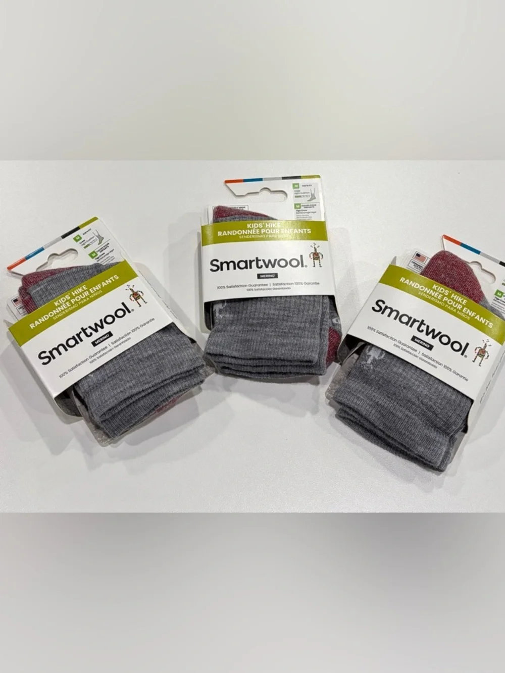 SmartWool Kids Medium Light Cushion Hiking Socks 3-Pack Crew Grey Red NWT